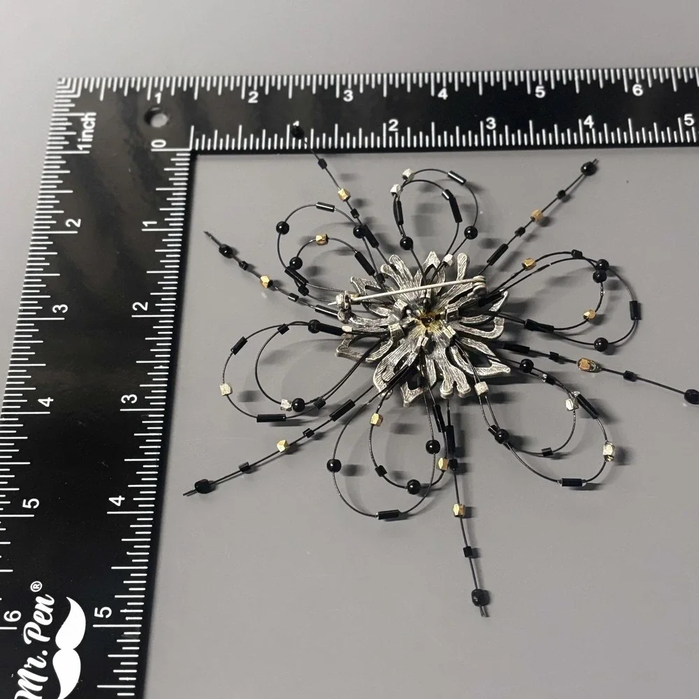 Large‎ Statement Flower Starburst Brooch Pin Black Rhinestone Beaded Silver Tone